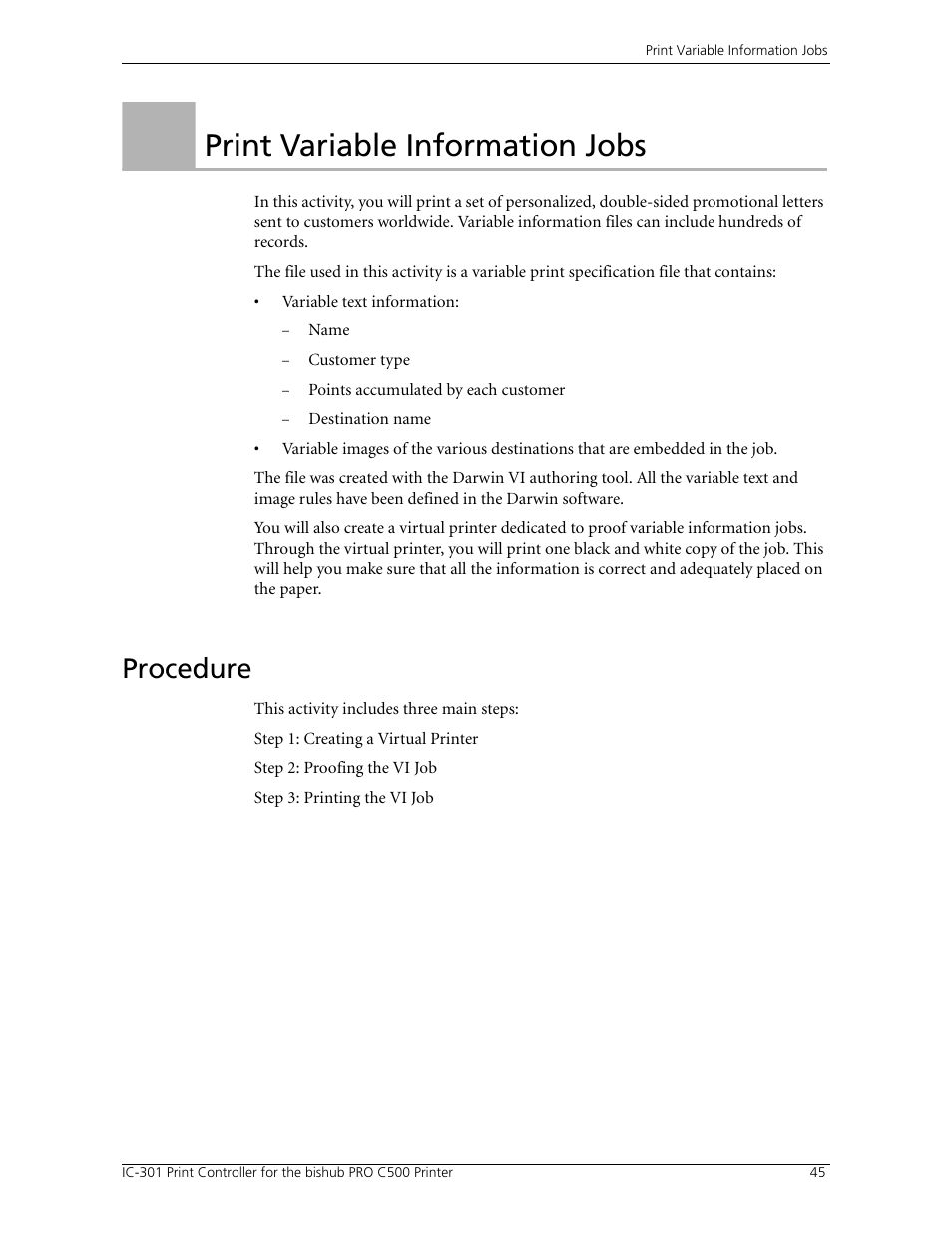 Print variable information jobs, Procedure, Activity 2: print variable information jobs | Konica Minolta bizhub PRO C500 User Manual | Page 51 / 62