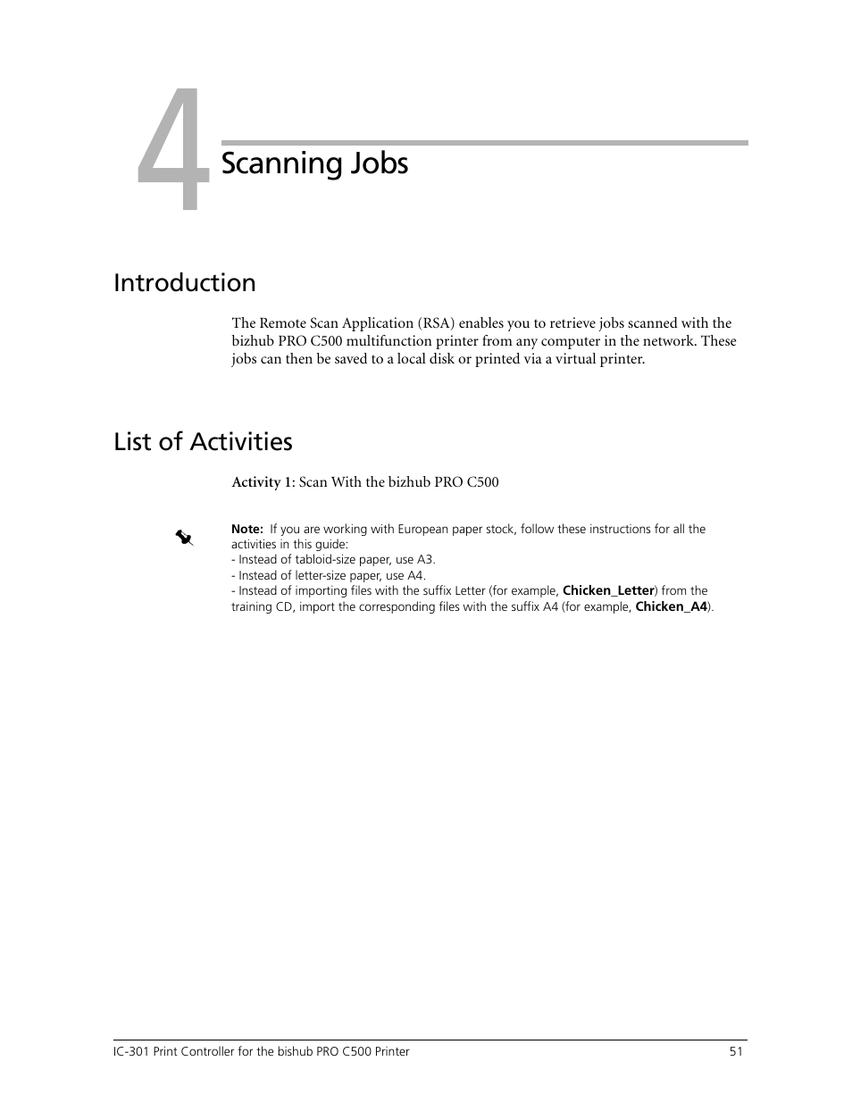 Scanning jobs, List of activities, Module 4: scanning jobs | Module, Introduction | Konica Minolta bizhub PRO C500 User Manual | Page 57 / 62