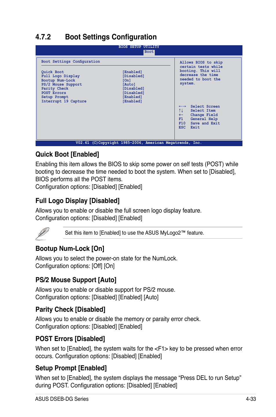 2 boot settings configuration, Quick boot [enabled, Full logo display [disabled | Bootup num-lock [on, Ps/2 mouse support [auto, Parity check [disabled, Post errors [disabled, Setup prompt [enabled | Asus DSEB-DG/SAS User Manual | Page 101 / 202