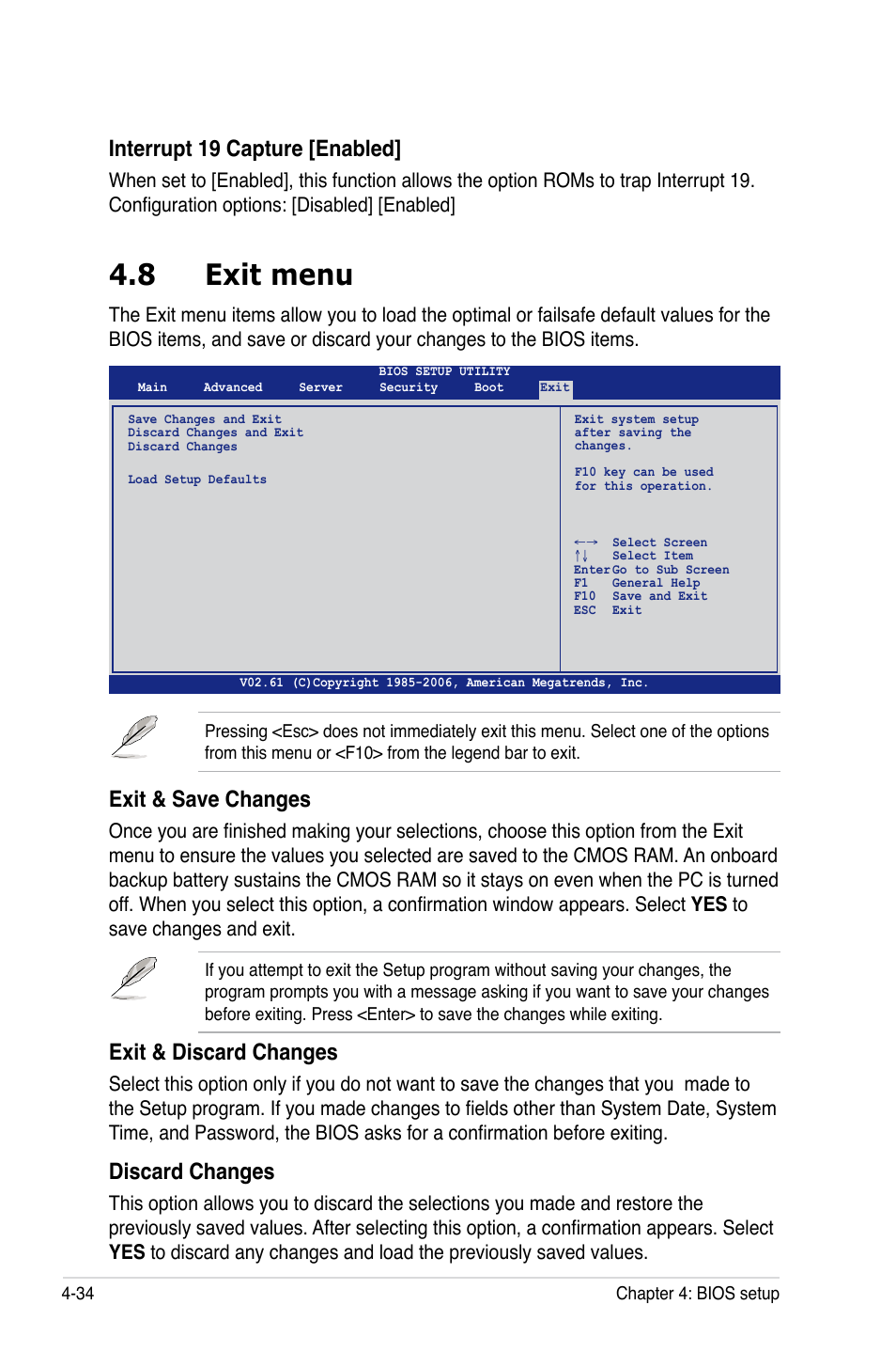 8 exit menu, Interrupt 19 capture [enabled, Exit & save changes | Exit & discard changes, Discard changes | Asus DSEB-DG/SAS User Manual | Page 102 / 202