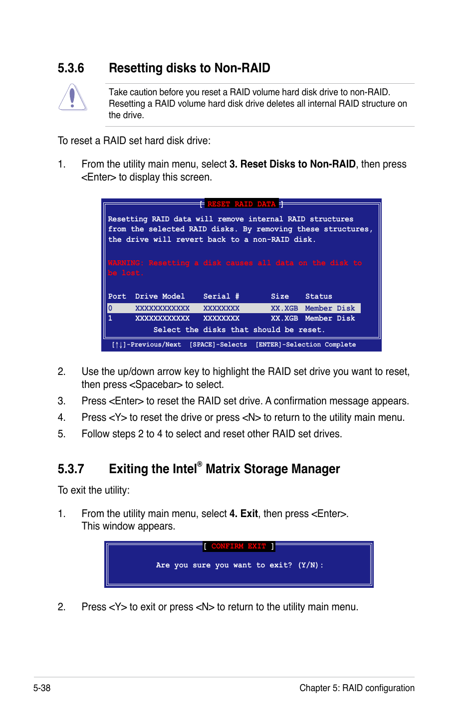 7 exiting the intel, Matrix storage manager, 6 resetting disks to non-raid | Asus DSEB-DG/SAS User Manual | Page 144 / 202