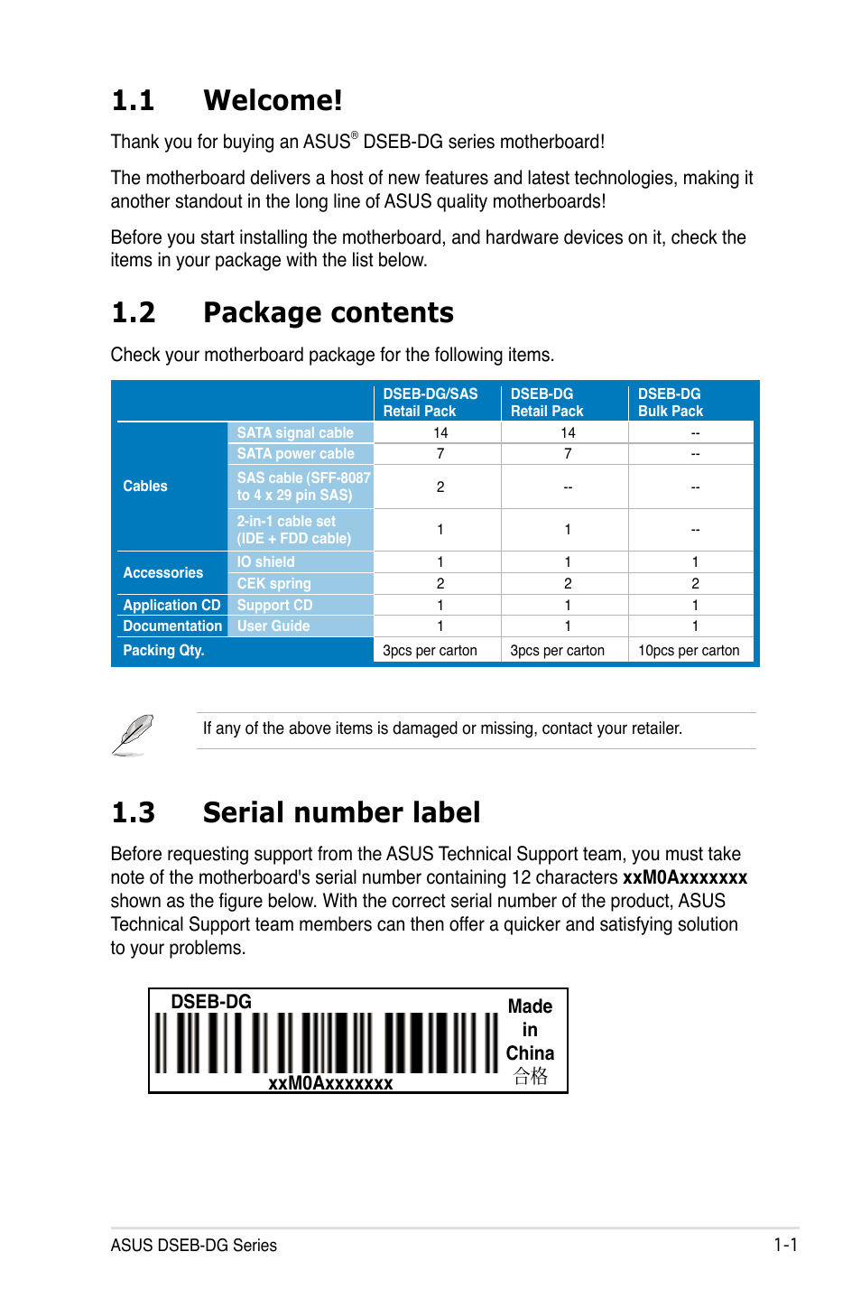 1 welcome, 2 package contents, 3 serial number label | Asus DSEB-DG/SAS User Manual | Page 15 / 202