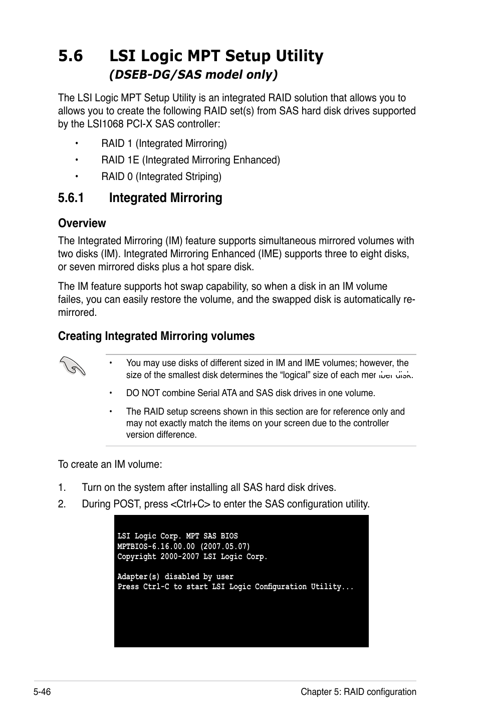 6 lsi logic mpt setup utility, 1 integrated mirroring | Asus DSEB-DG/SAS User Manual | Page 152 / 202