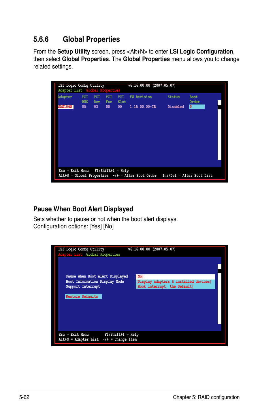 6 global properties, Pause when boot alert displayed | Asus DSEB-DG/SAS User Manual | Page 168 / 202