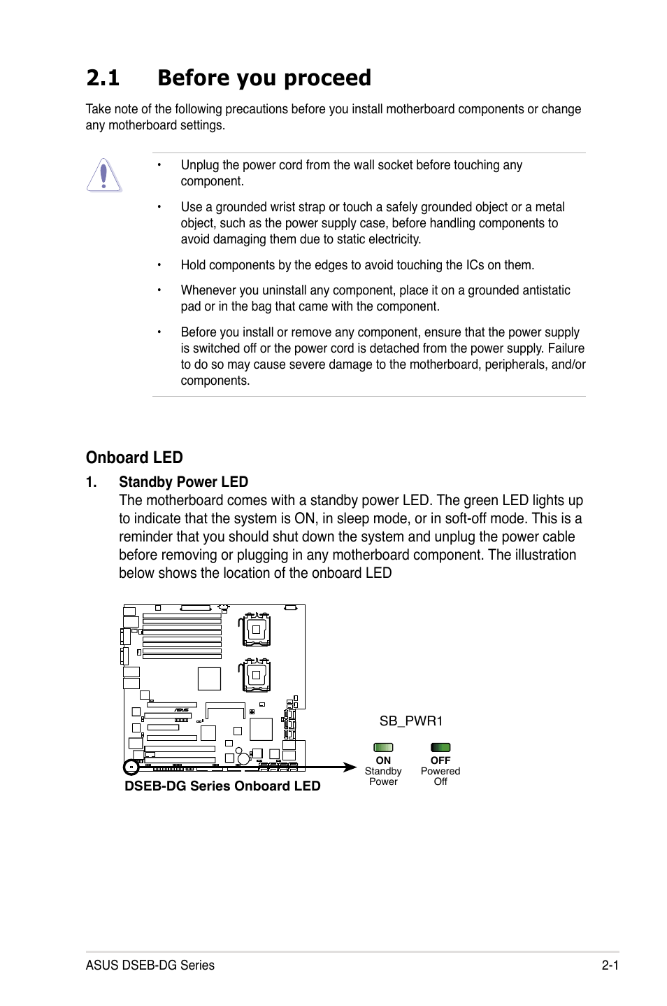 1 before you proceed, Onboard led | Asus DSEB-DG/SAS User Manual | Page 21 / 202