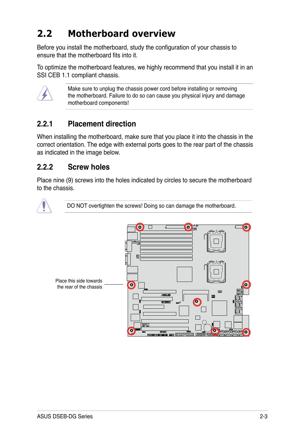 2 motherboard overview, 1 placement direction, 2 screw holes | Asus DSEB-DG/SAS User Manual | Page 23 / 202