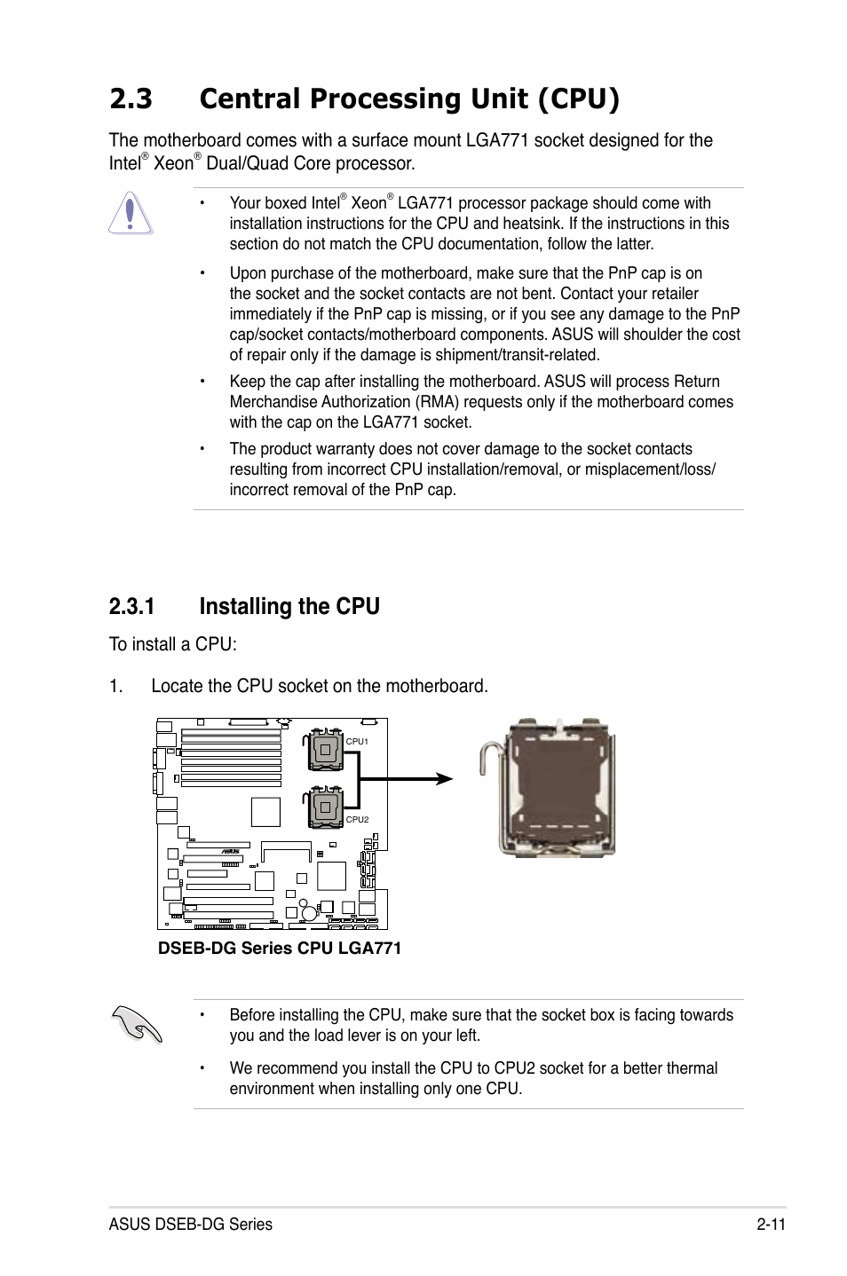 3 central processing unit (cpu), 1 installing the cpu | Asus DSEB-DG/SAS User Manual | Page 31 / 202