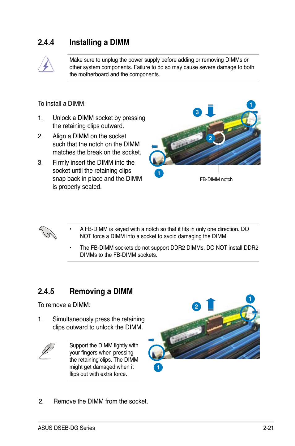 4 installing a dimm, 5 removing a dimm | Asus DSEB-DG/SAS User Manual | Page 41 / 202