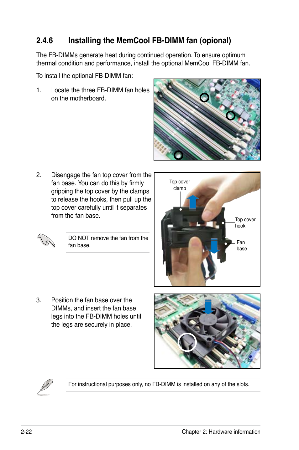 6 installing the memcool fb-dimm fan (opional) | Asus DSEB-DG/SAS User Manual | Page 42 / 202