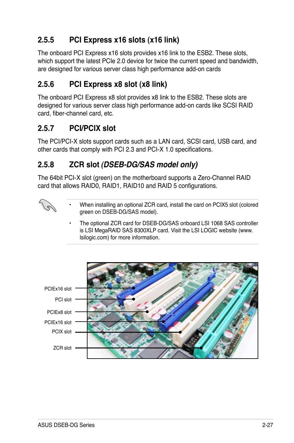 6 pci express x8 slot (x8 link), 7 pci/pcix slot, 8 zcr slot (dseb-dg/sas model only) | Asus DSEB-DG/SAS User Manual | Page 47 / 202