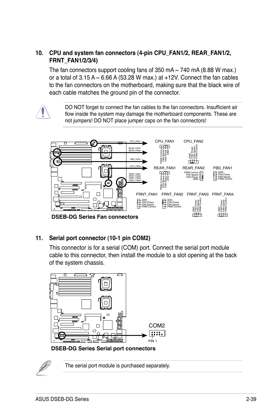 Asus dseb-dg series 2-39, Dseb-dg series fan connectors, The serial port module is purchased separately | Dseb-dg series serial port connectors, Com2 | Asus DSEB-DG/SAS User Manual | Page 59 / 202