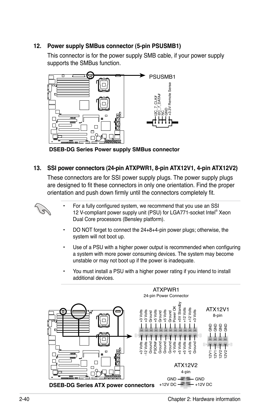 40 chapter 2: hardware information, Dseb-dg series atx power connectors, Atxpwr1 atx12v1 | Atx12v2 | Asus DSEB-DG/SAS User Manual | Page 60 / 202