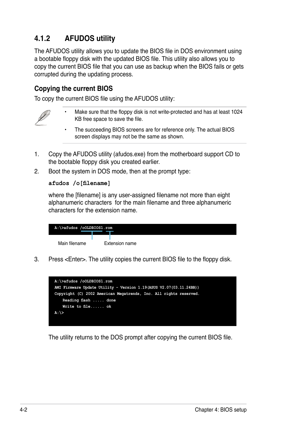 2 afudos utility, Copying the current bios | Asus DSEB-DG/SAS User Manual | Page 70 / 202