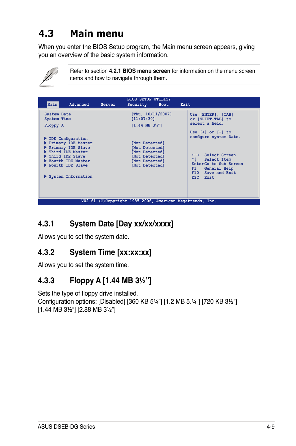 3 main menu, 2 system time [xx:xx:xx, Allows you to set the system date | Allows you to set the system time | Asus DSEB-DG/SAS User Manual | Page 77 / 202