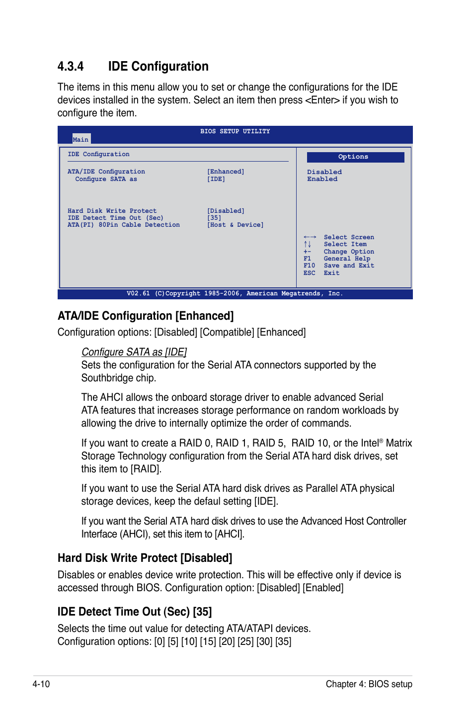 4 ide configuration, Ata/ide configuration [enhanced, Hard disk write protect [disabled | Ide detect time out (sec) [35 | Asus DSEB-DG/SAS User Manual | Page 78 / 202