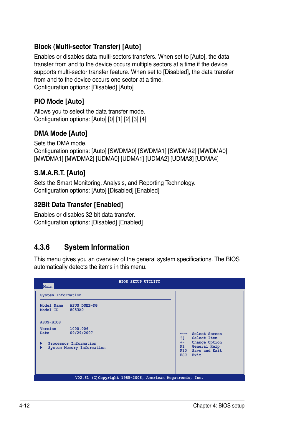 6 system information, Block (multi-sector transfer) [auto, Pio mode [auto | Dma mode [auto, S.m.a.r.t. [auto, 32bit data transfer [enabled | Asus DSEB-DG/SAS User Manual | Page 80 / 202