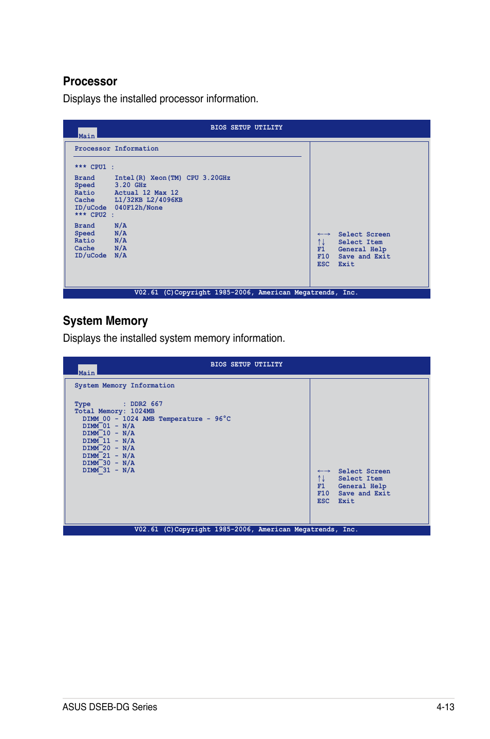 Processor, Displays the installed processor information, Asus dseb-dg series 4-13 | Asus DSEB-DG/SAS User Manual | Page 81 / 202