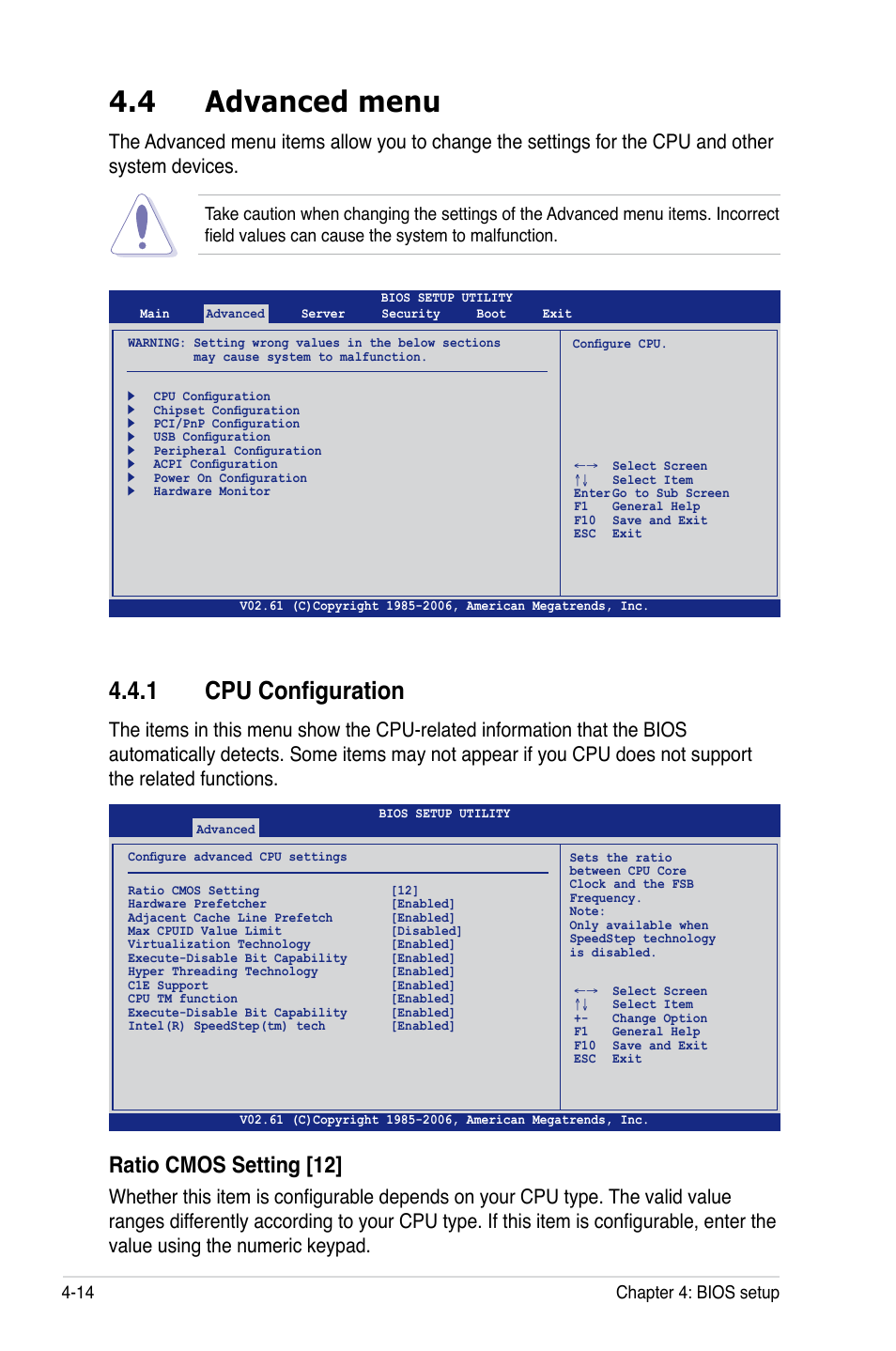 4 advanced menu, 1 cpu configuration, Ratio cmos setting [12 | Asus DSEB-DG/SAS User Manual | Page 82 / 202