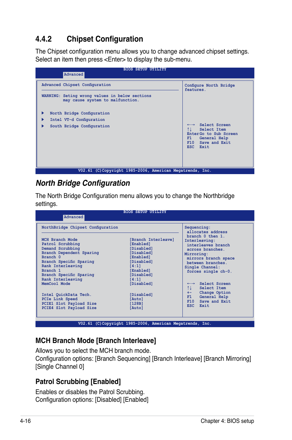 2 chipset configuration, North bridge configuration, Mch branch mode [branch interleave | Patrol scrubbing [enabled, 16 chapter 4: bios setup | Asus DSEB-DG/SAS User Manual | Page 84 / 202