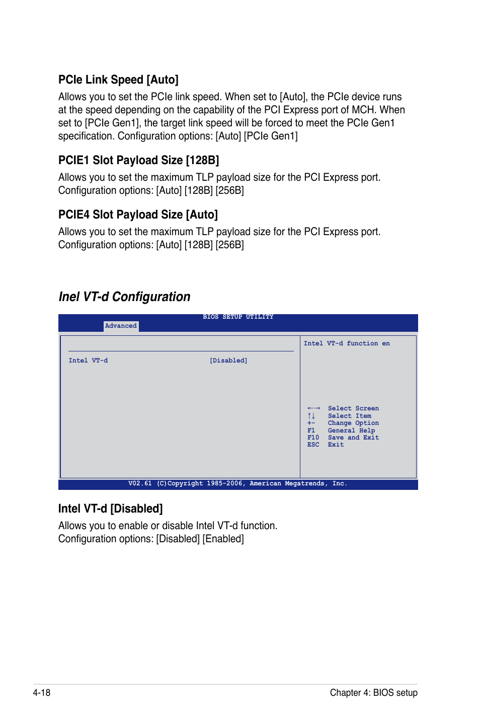 Inel vt-d configuration, Pcie link speed [auto, Pcie1 slot payload size [128b | Pcie4 slot payload size [auto, Intel vt-d [disabled | Asus DSEB-DG/SAS User Manual | Page 86 / 202