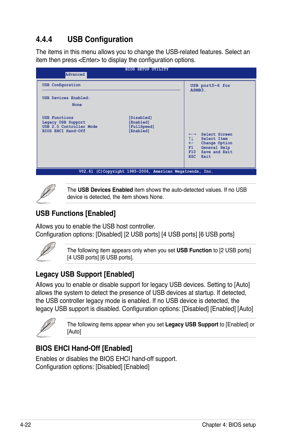 4 usb configuration, Usb functions [enabled, Legacy usb support [enabled | Bios ehci hand-off [enabled | Asus DSEB-DG/SAS User Manual | Page 90 / 202