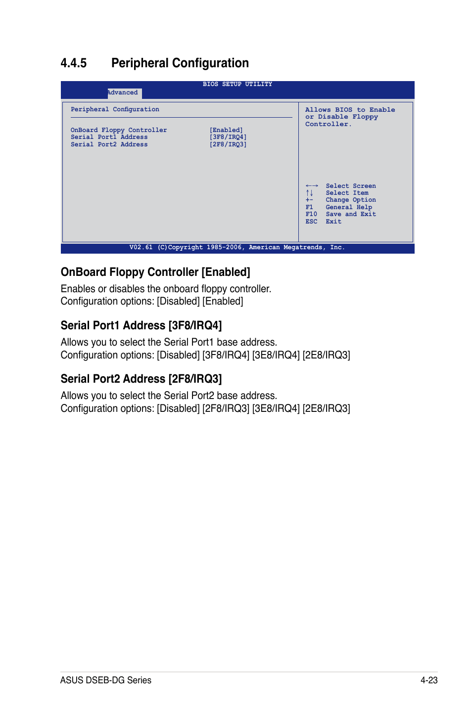 5 peripheral configuration, Onboard floppy controller [enabled, Serial port1 address [3f8/irq4 | Serial port2 address [2f8/irq3 | Asus DSEB-DG/SAS User Manual | Page 91 / 202