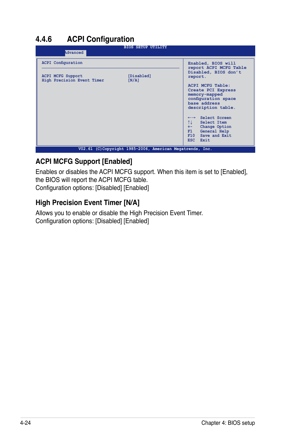6 acpi configuration, Acpi mcfg support [enabled, High precision event timer [n/a | Asus DSEB-DG/SAS User Manual | Page 92 / 202