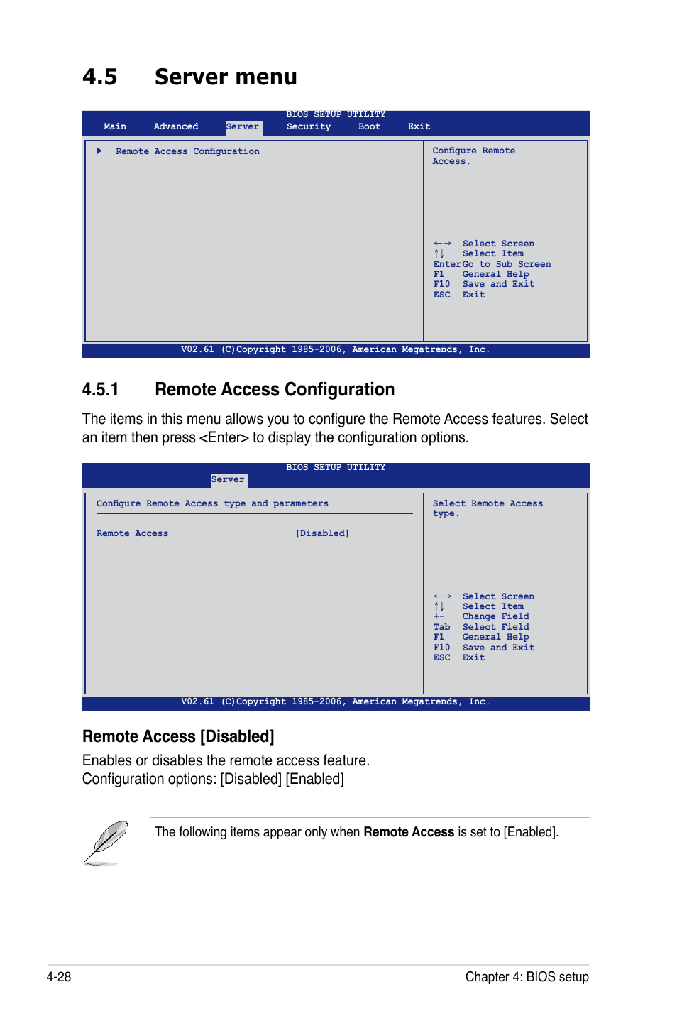 5 server menu, 1 remote access configuration, Remote access [disabled | Asus DSEB-DG/SAS User Manual | Page 96 / 202