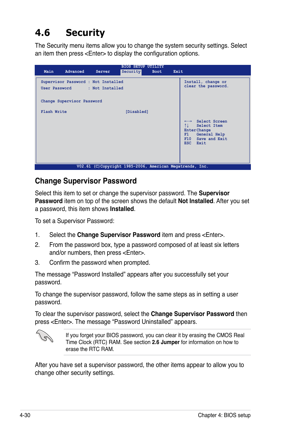 6 security, Change supervisor password | Asus DSEB-DG/SAS User Manual | Page 98 / 202