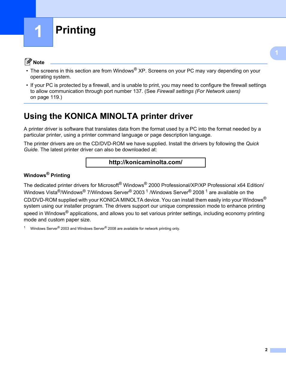 1 printing, Using the konica minolta printer driver, Printing | Konica Minolta bizhub 20 User Manual | Page 10 / 227