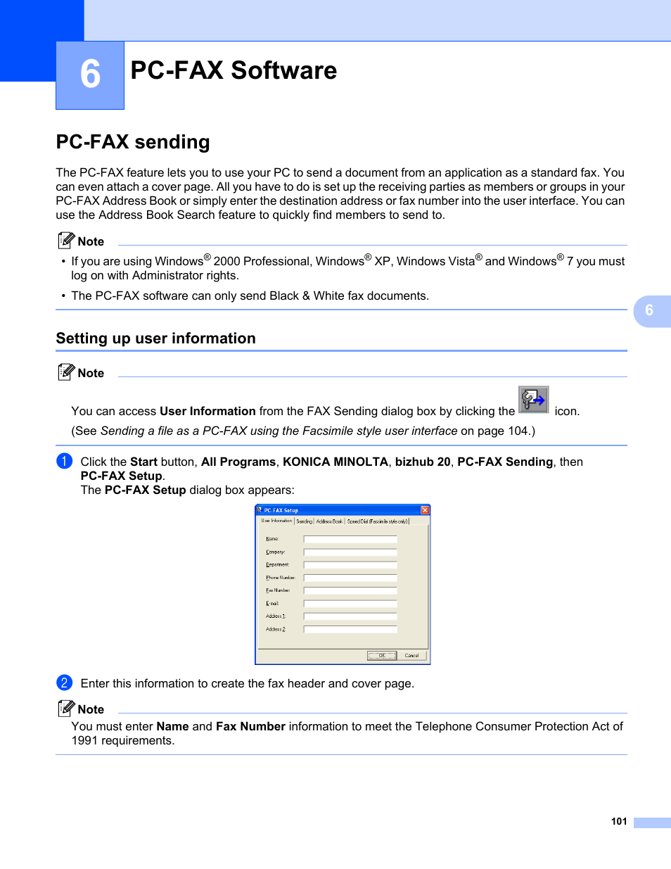 6 pc-fax software, Pc-fax sending, Setting up user information | Pc-fax software | Konica Minolta bizhub 20 User Manual | Page 109 / 227