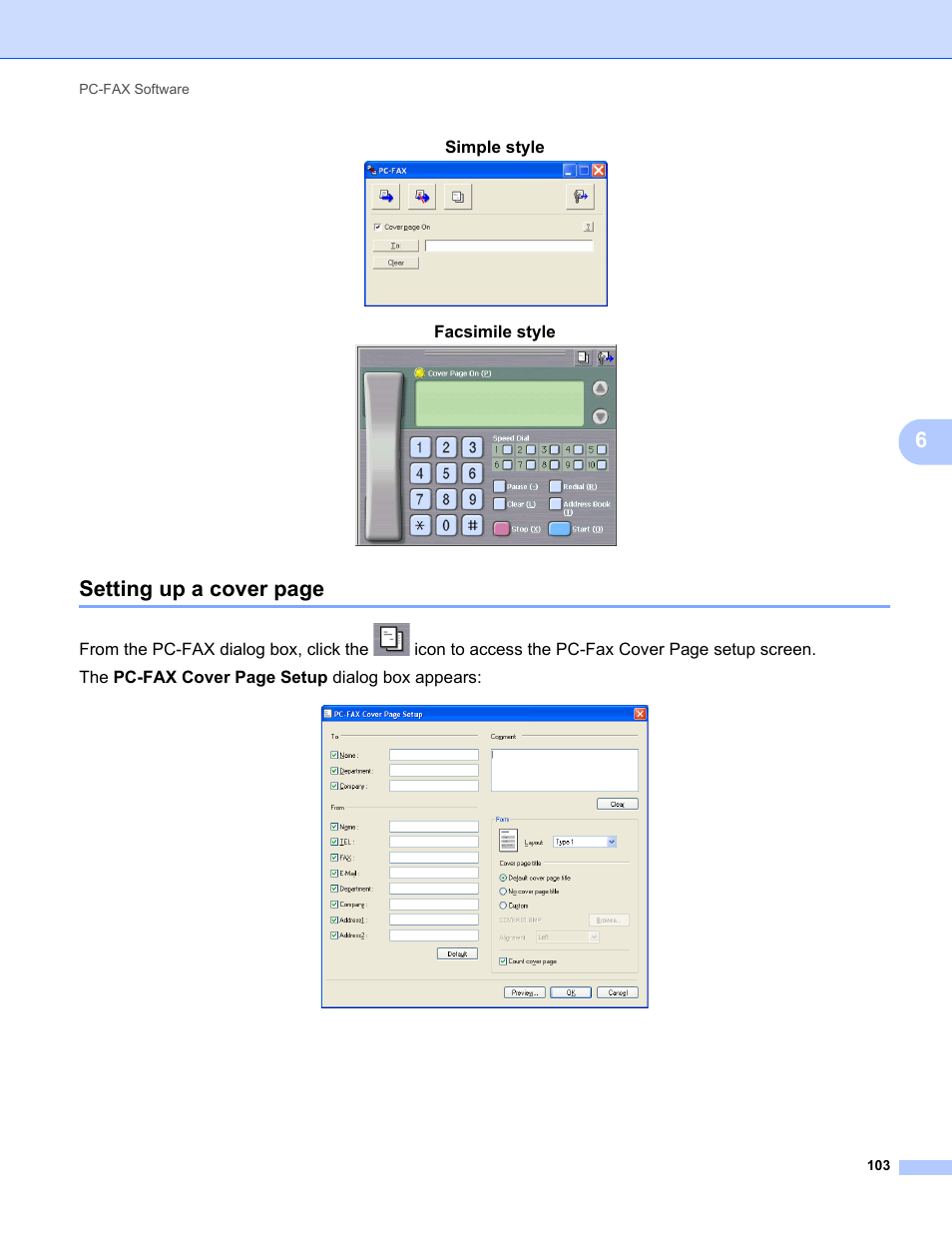 Setting up a cover page, Simple style, Facsimile style | Konica Minolta bizhub 20 User Manual | Page 111 / 227
