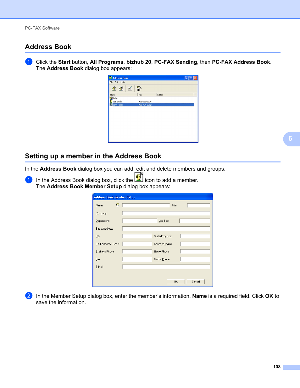 Address book, Setting up a member in the address book, 6address book | Konica Minolta bizhub 20 User Manual | Page 116 / 227