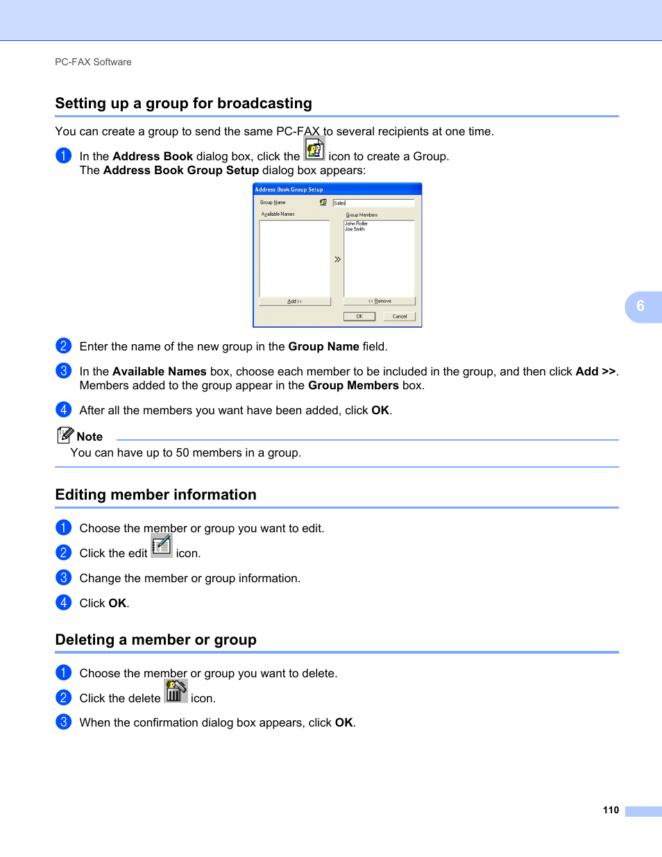 Setting up a group for broadcasting, Editing member information, Deleting a member or group | 6setting up a group for broadcasting | Konica Minolta bizhub 20 User Manual | Page 118 / 227