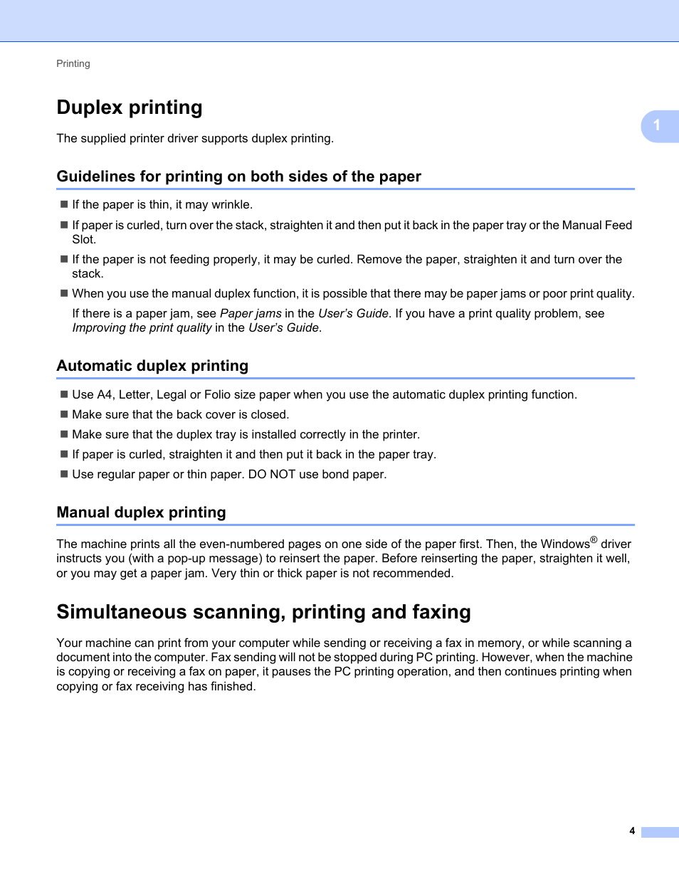 Duplex printing, Guidelines for printing on both sides of the paper, Automatic duplex printing | Manual duplex printing, Simultaneous scanning, printing and faxing | Konica Minolta bizhub 20 User Manual | Page 12 / 227