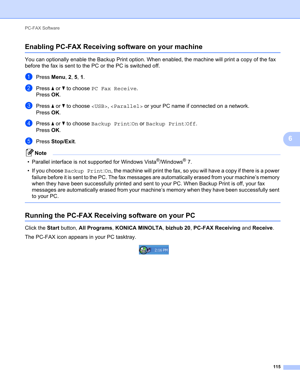 Enabling pc-fax receiving software on your machine, Running the pc-fax receiving software on your pc | Konica Minolta bizhub 20 User Manual | Page 123 / 227