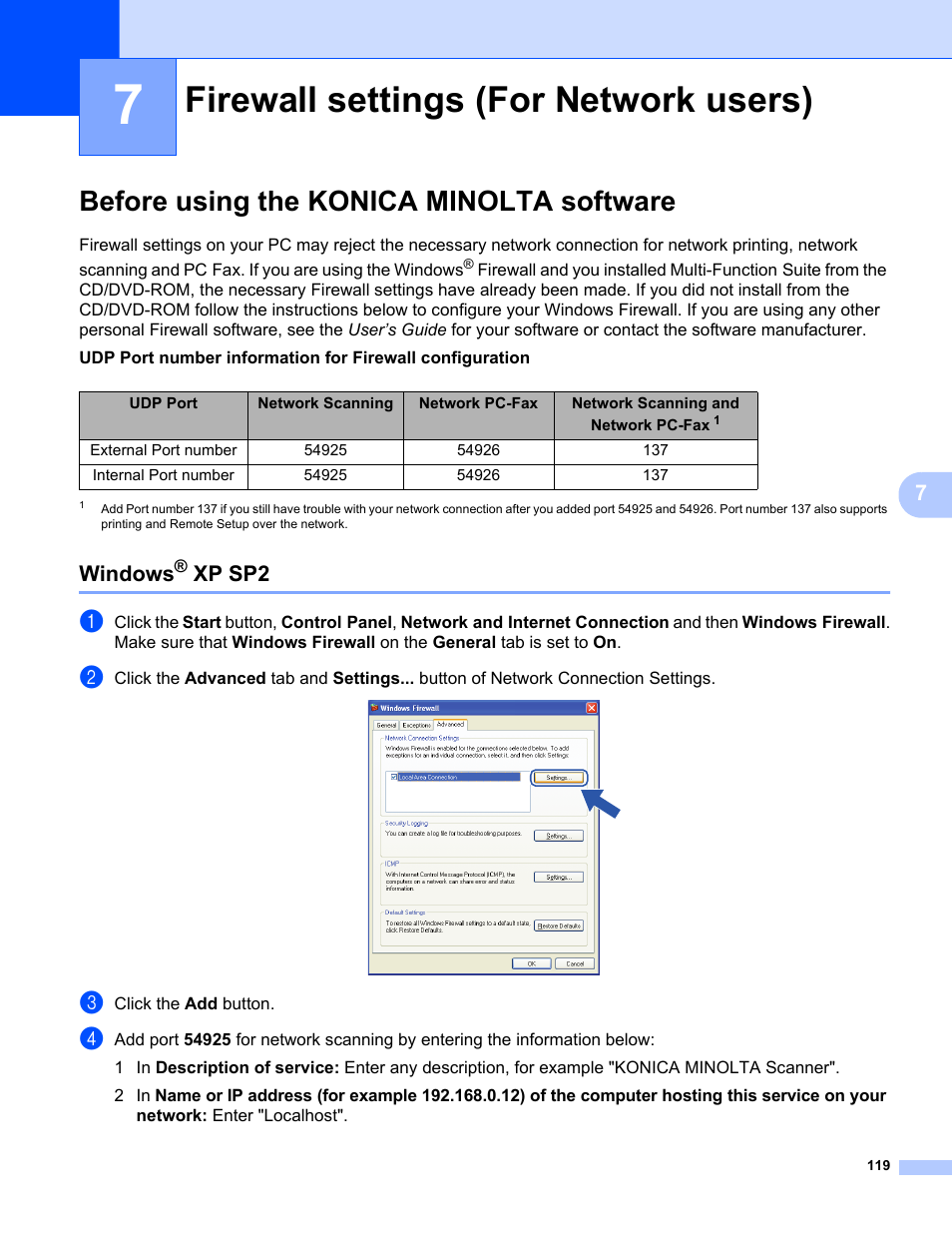 7 firewall settings (for network users), Before using the konica minolta software, Windows® xp sp2 | Firewall settings (for network users), Windows, Xp sp2 | Konica Minolta bizhub 20 User Manual | Page 127 / 227