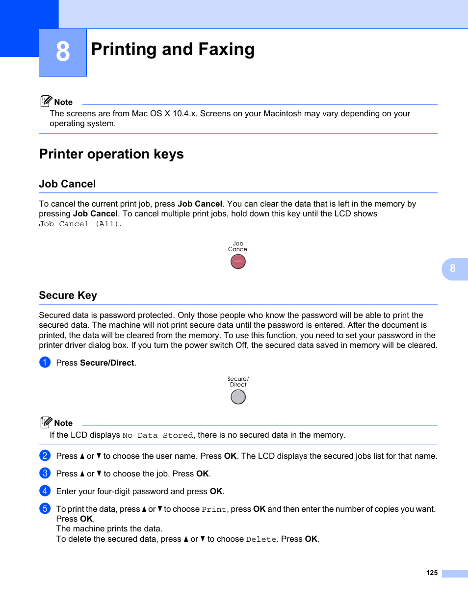 8 printing and faxing, Printer operation keys, Job cancel | Secure key, Printing and faxing, Job cancel secure key | Konica Minolta bizhub 20 User Manual | Page 133 / 227