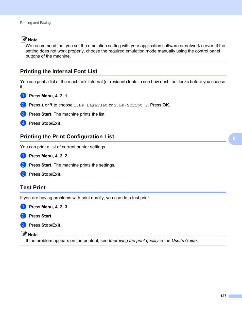 Printing the internal font list, Printing the print configuration list, Test print | Konica Minolta bizhub 20 User Manual | Page 135 / 227