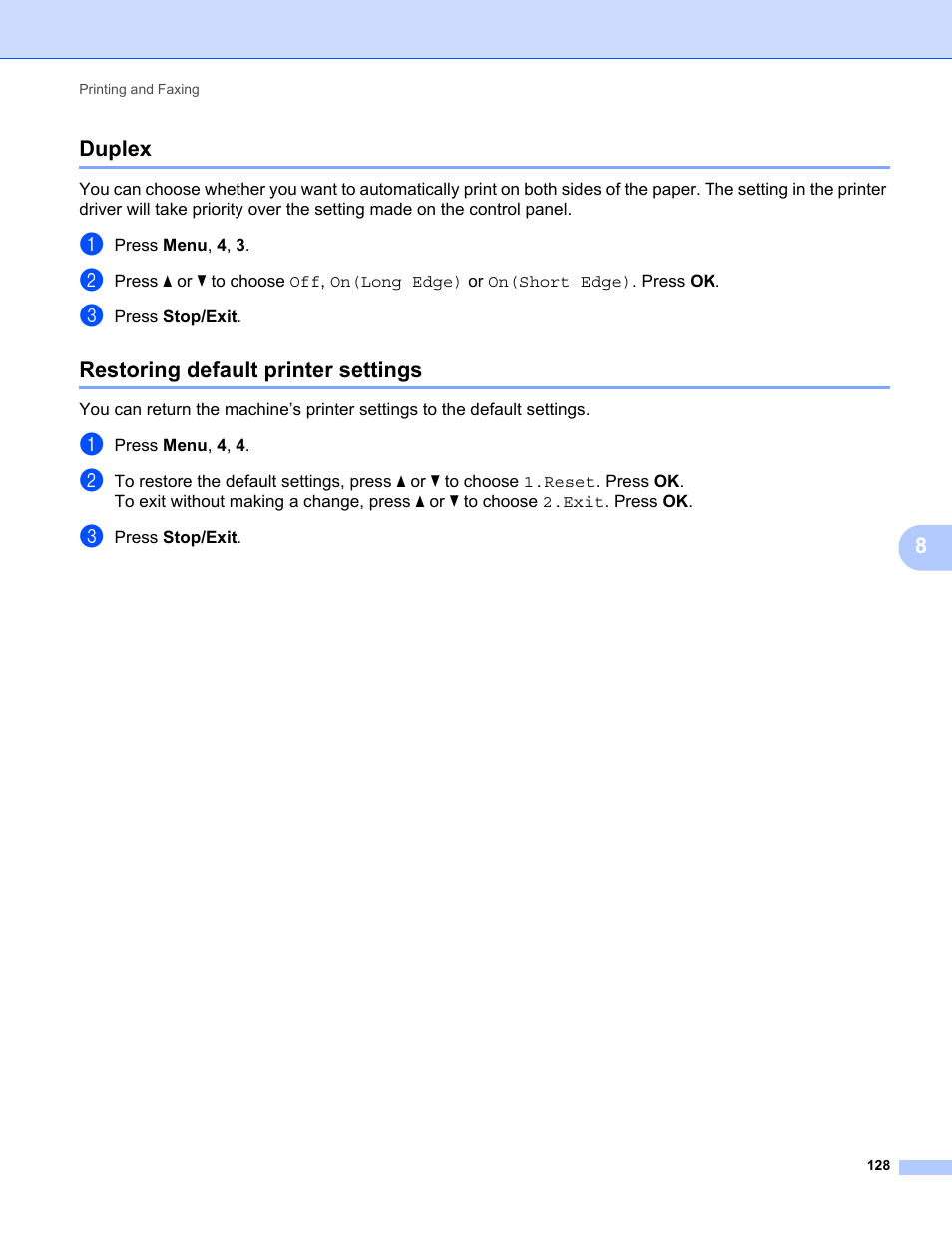 Duplex, Restoring default printer settings, Duplex restoring default printer settings | Konica Minolta bizhub 20 User Manual | Page 136 / 227