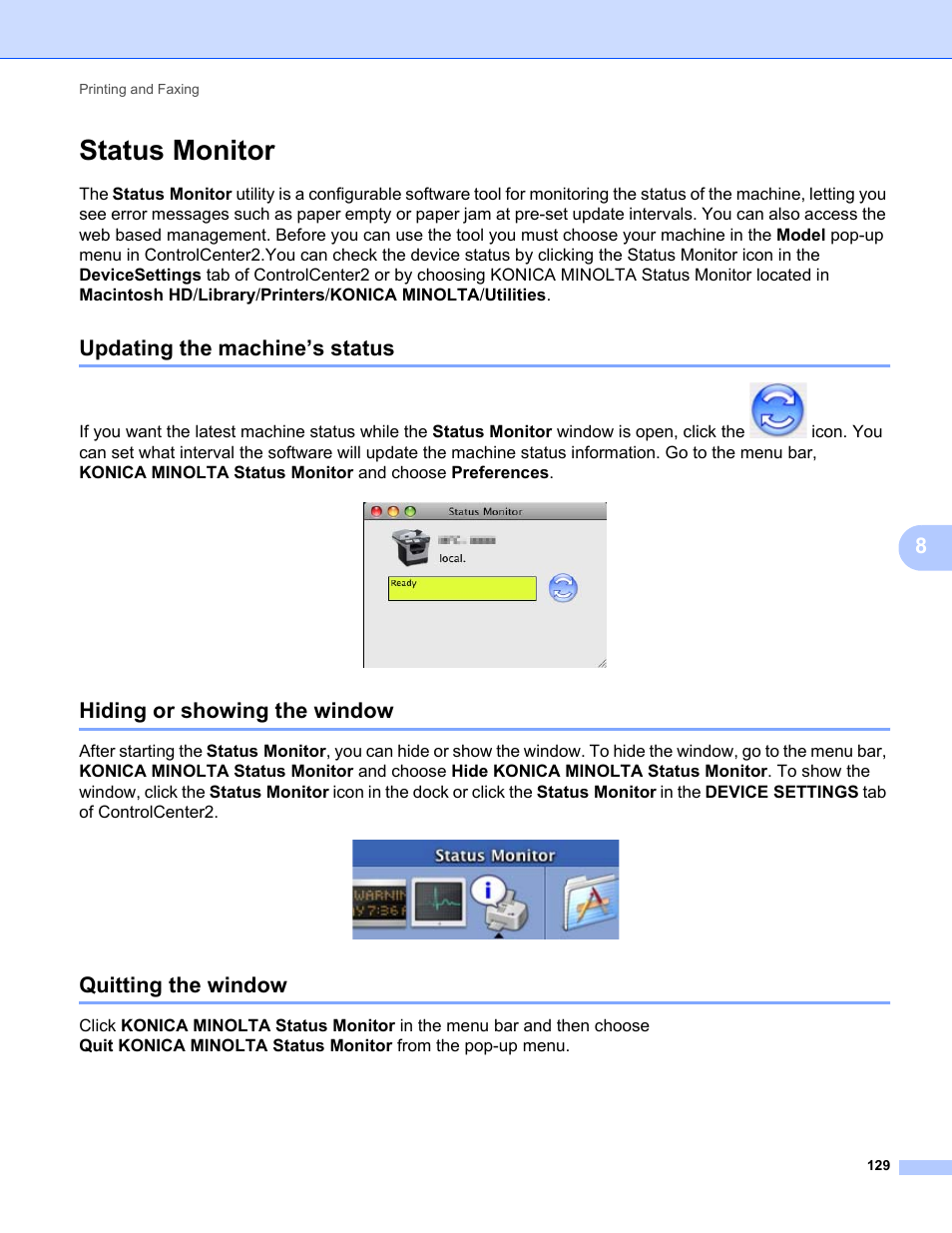 Status monitor, Updating the machine’s status, Hiding or showing the window | Quitting the window | Konica Minolta bizhub 20 User Manual | Page 137 / 227