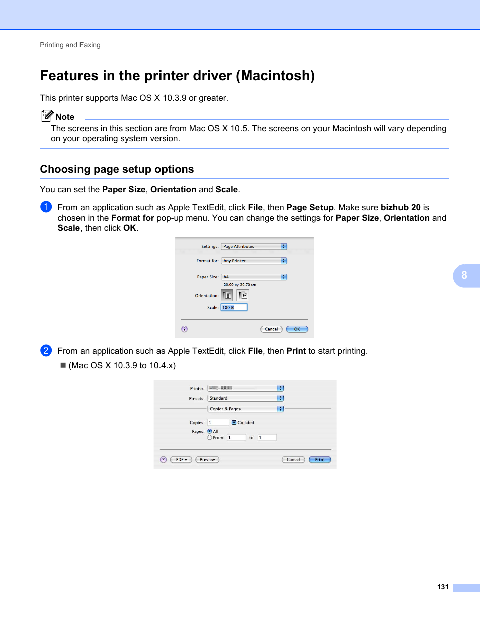 Features in the printer driver (macintosh), Choosing page setup options | Konica Minolta bizhub 20 User Manual | Page 139 / 227