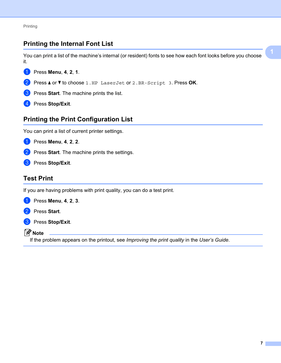 Printing the internal font list, Printing the print configuration list, Test print | Konica Minolta bizhub 20 User Manual | Page 15 / 227