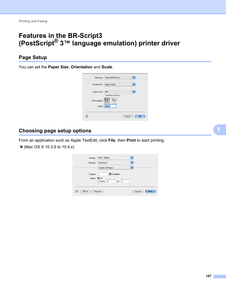 Features in the br-script3, Postscript, 3™ language emulation) printer driver | Features in the br-script3 (postscript, Page setup, Choosing page setup options | Konica Minolta bizhub 20 User Manual | Page 155 / 227