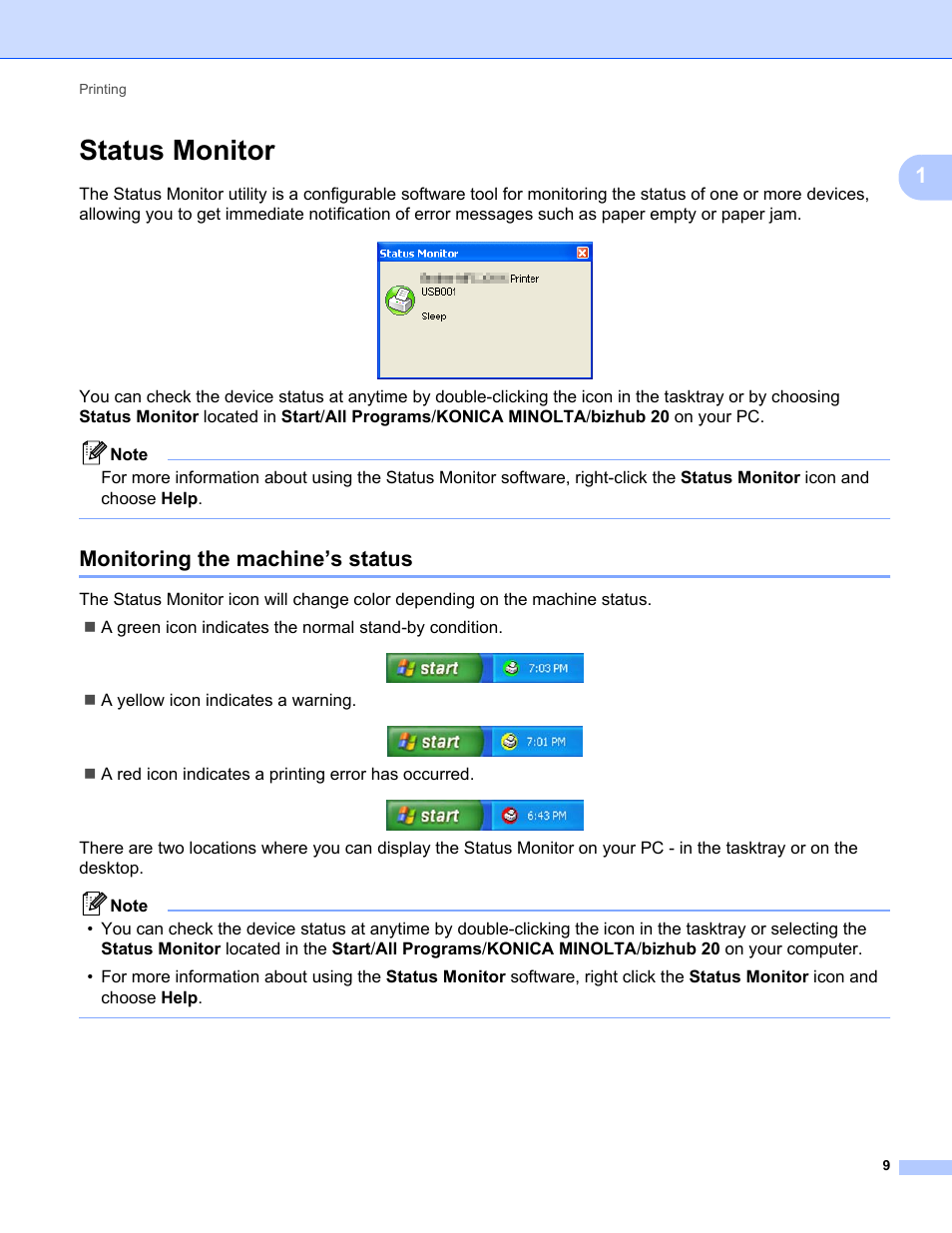 Status monitor, Monitoring the machine’s status | Konica Minolta bizhub 20 User Manual | Page 17 / 227