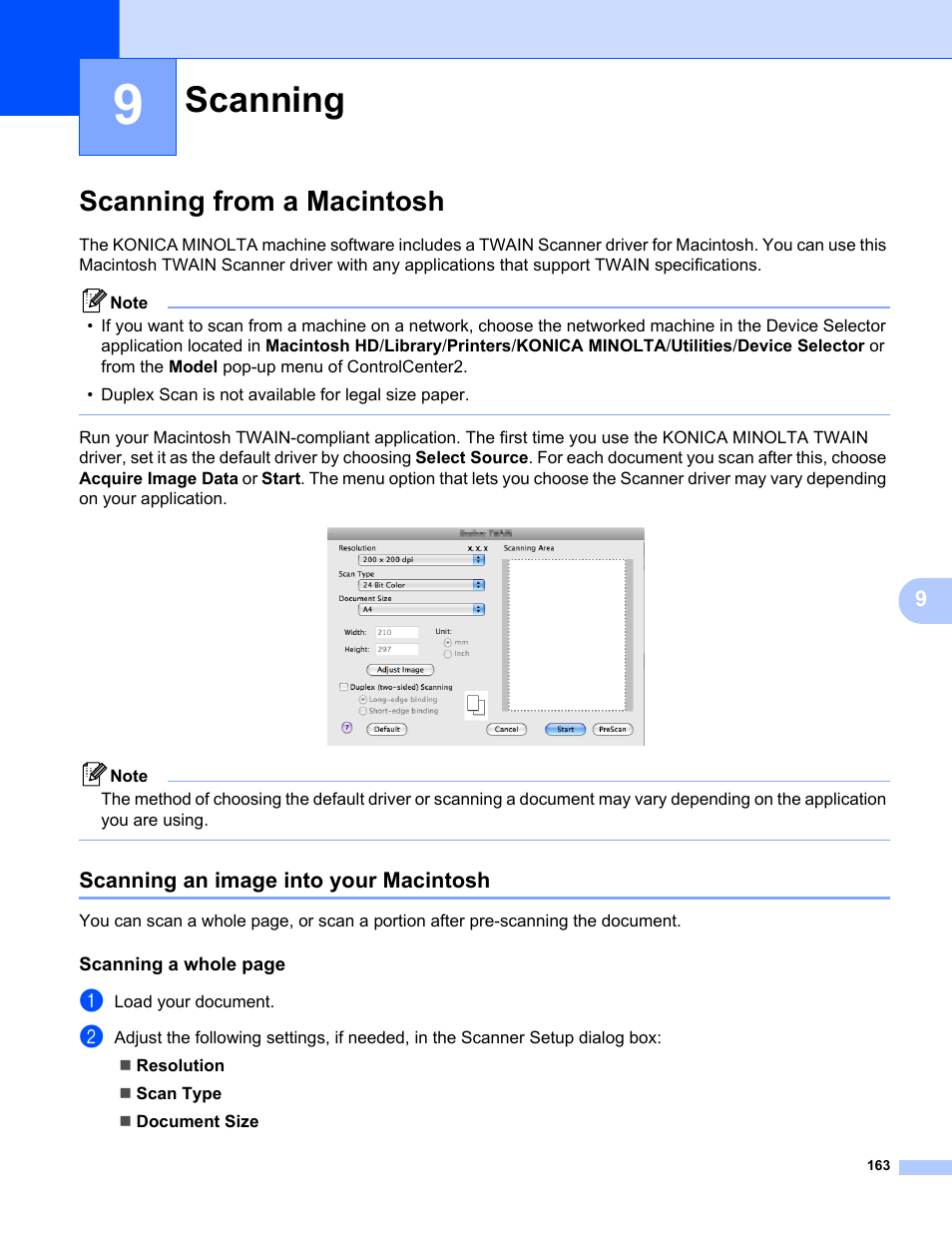 9 scanning, Scanning from a macintosh, Scanning an image into your macintosh | Scanning | Konica Minolta bizhub 20 User Manual | Page 171 / 227