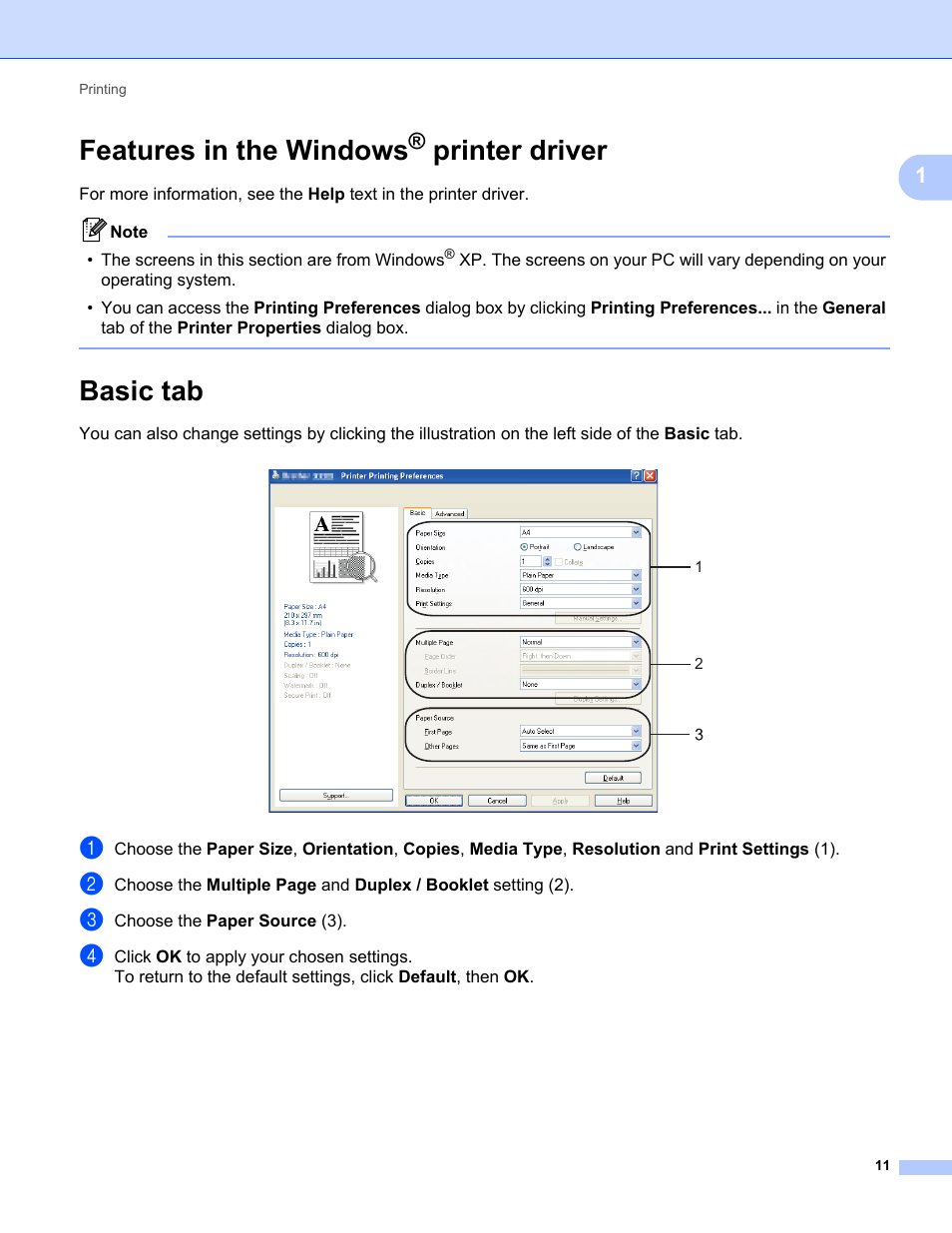 Features in the windows® printer driver, Basic tab, Features in the windows | Printer driver | Konica Minolta bizhub 20 User Manual | Page 19 / 227