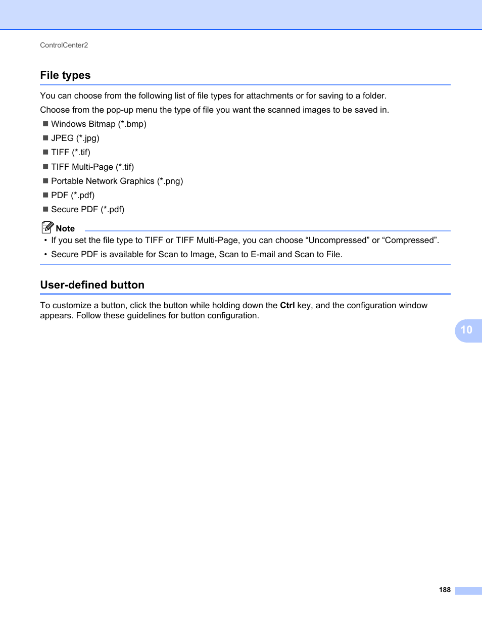 File types, User-defined button, File types user-defined button | 10 file types | Konica Minolta bizhub 20 User Manual | Page 196 / 227