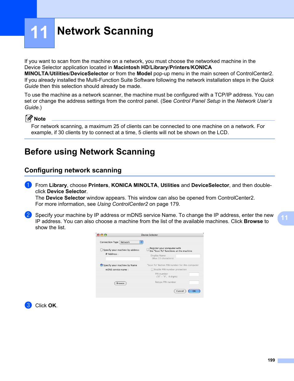 11 network scanning, Before using network scanning, Configuring network scanning | Network scanning | Konica Minolta bizhub 20 User Manual | Page 207 / 227