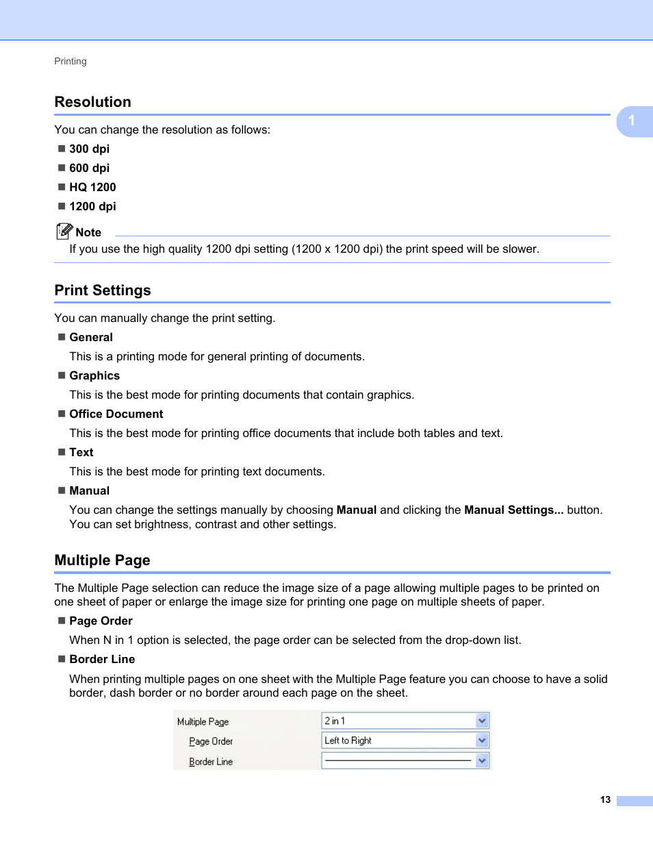 Resolution, Print settings, 1resolution | Multiple page | Konica Minolta bizhub 20 User Manual | Page 21 / 227